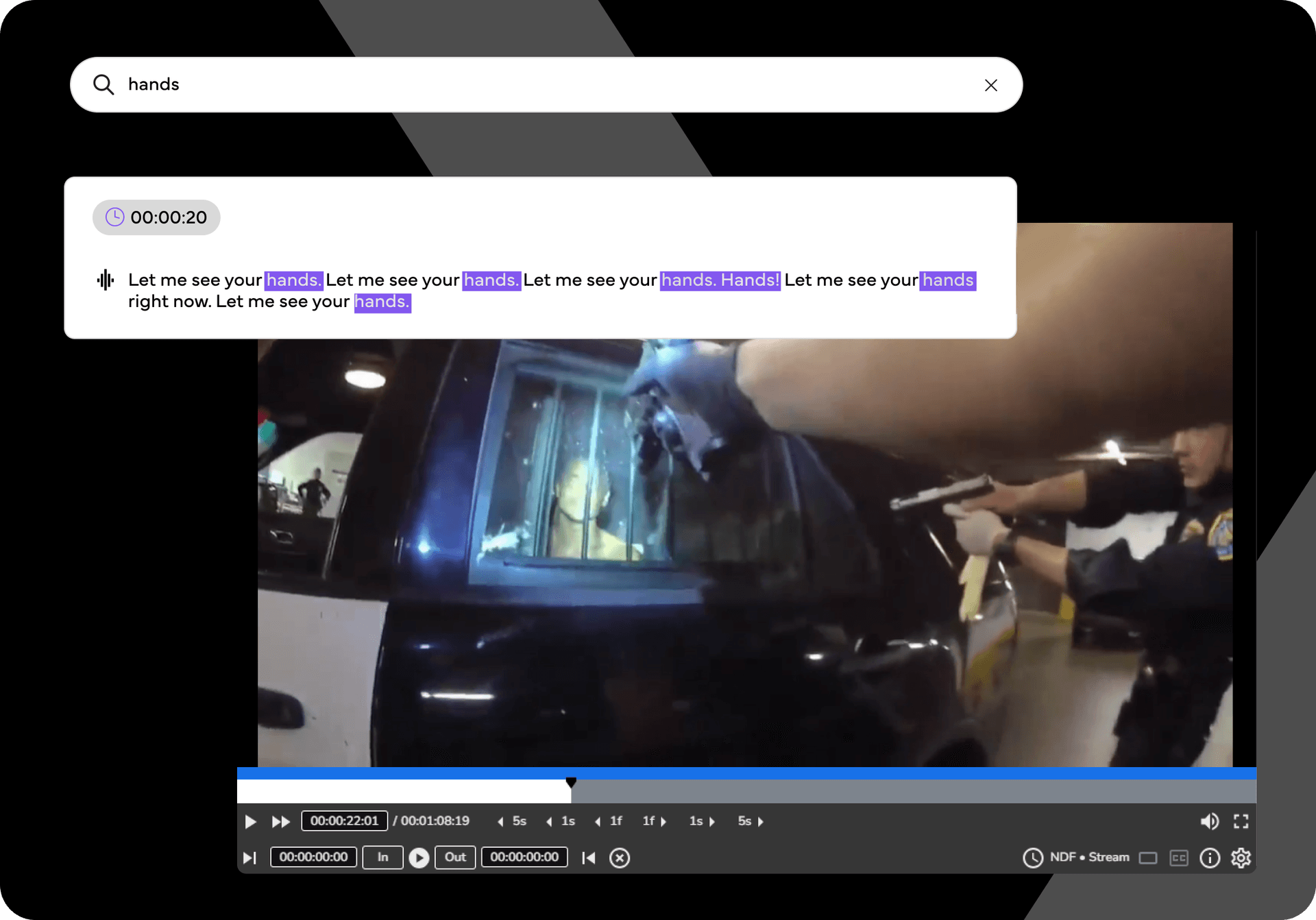 Veritone Investigate searching bodfy cam footage audio for the word "hands"