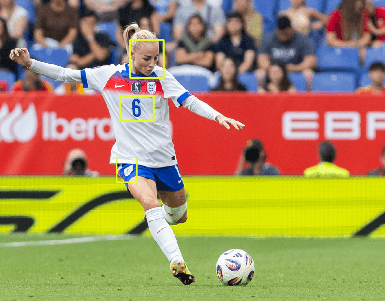 Woman soccer player striking a ball. Square outline over her face showcases clip finding in a digital asset management environment.