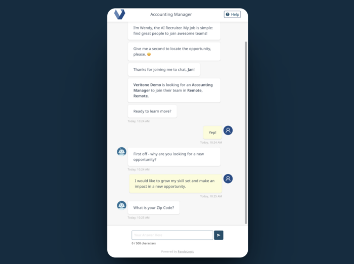 A user interacting with Veritone’s AI-powered HR chatbot for enhanced employee engagement and support. 